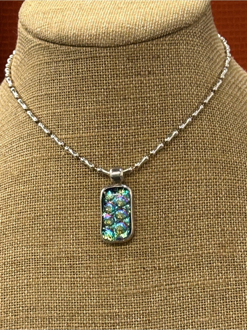 Italian 925 Sterling Silver Dichroic glass pendant necklace taffy link chain